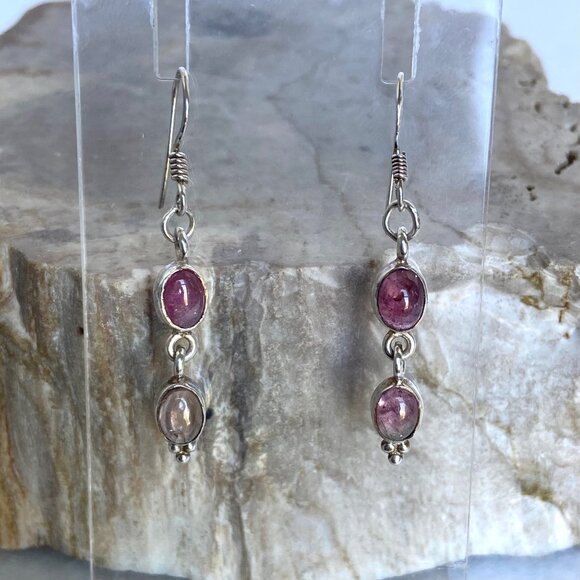 Sterling Silver 925 Dainty Oval Pink Tourmaline Multistone Dangle Drop Earrings - Picture 13 of 16